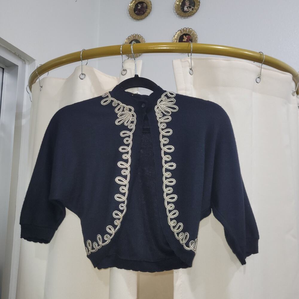 1960s Black Shrug Bolero Sweater Women's Size S/M White Loop Embroidered Boarder